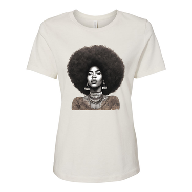 Black t-shirt featuring an illustration of a beautiful woman with an afro, celebrating confidence and natural beauty- inspirational tees